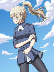 Rule 34 | 1girl, black pantyhose, blonde hair, blush, breasts, glasses, hiro yoshinaka, long hair, military, military uniform, neckerchief, pantyhose, perrine h. clostermann, ponytail, shiny skin, sky, small breasts, solo, strike witches, uniform, world witches series, yellow eyes