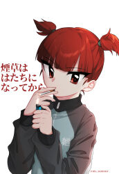 Rule 34 | 1girl, blue jacket, blunt bangs, cigarette, girls und panzer, hair tie, highres, holding, holding cigarette, jacket, keizoku military uniform, lighting cigarette, long sleeves, looking at viewer, mikko (girls und panzer), military uniform, natsusa (nts summer), raglan sleeves, red eyes, red hair, short hair, short twintails, simple background, smoking, solo, track jacket, translated, twintails, twitter username, uniform, white background