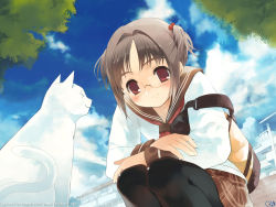 Rule 34 | 1girl, animal, bag, brown hair, cat, cloud, day, from below, gagraphic, glasses, hair bobbles, hair ornament, house, koin (foxmark), leaf, outdoors, pantyhose, plaid, plaid skirt, pleated skirt, red eyes, school uniform, serafuku, short twintails, sitting, skirt, sky, solo, twintails, wallpaper