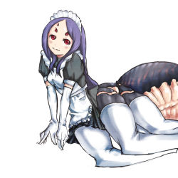 Rule 34 | 1girl, alternate costume, arachne, arthropod girl, blue hair, bug, elbow gloves, enmaided, extra eyes, gloves, insect girl, long hair, looking at viewer, maid, monster girl, purple hair, red eyes, simple background, smile, solo, spider, spider girl, taur, thighhighs, white background