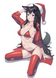 Rule 34 | 1girl, :o, alternate costume, animal ear fluff, animal ear piercing, animal ears, arched back, arknights, arm support, arm up, armpit crease, bikini, black hair, black tail, blue eyes, breasts, breasts apart, christmas, collarbone, collared shirt, come hither, commentary, covered erect nipples, crossed bangs, dress shirt, fingernails, from side, full body, fur-trimmed bikini, fur-trimmed headwear, fur trim, groin, hair flowing over, hand on headwear, hat, head back, high collar, highres, invisible floor, long fingernails, long hair, long sleeves, looking at viewer, looking to the side, medium breasts, multicolored eyes, navel, open clothes, open mouth, open shirt, orange eyes, piercing, pom pom (clothes), red bikini, red hat, red shirt, red thighhighs, ribs, santa bikini, santa hat, shadow, shiny clothes, shiny legwear, shiny skin, shirt, sideboob, sidelocks, siguya, simple background, sitting, skindentation, skinny, solo, stomach, straight hair, swept bangs, swimsuit, symbol-only commentary, tail, teeth, texas (arknights), thighhighs, thighs, tongue, two-tone eyes, underboob, upper teeth only, very long hair, wariza, white background, wing collar, wolf ears, wolf girl, wolf tail