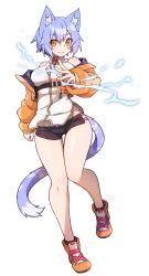 Rule 34 | 1girl, animal ear fluff, animal ears, blue hair, breasts, cat ears, cat tail, electricity, facial scar, full body, groin, highres, large breasts, looking at viewer, orange eyes, original, ryota tentei, scar, scar on cheek, scar on face, short hair, short shorts, shorts, simple background, solo, tail, tora tentei, white background