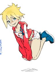 Rule 34 | 1girl, 2022, aged down, artist name, belt, blonde hair, blue eyes, blue footwear, blush, cleavage cutout, clothing cutout, commission, dc comics, female focus, floating, full body, jacket, long sleeves, looking at viewer, mesugaki, midair, open clothes, open jacket, power girl, red jacket, shirt, shoes, short hair, shorts, simple background, small hips, sneakers, solo, sooperman, superman (series), superman logo, teeth, thighs, white background, white shirt, white shorts