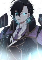 Rule 34 | 1boy, apex legends, black hair, blue eyes, blue hair, collared shirt, colored tips, earrings, electricity, fusion, glowing, glowing eyes, hair behind ear, highres, jacket, jacket on shoulders, jewelry, male focus, multicolored hair, necktie, neo-porte, open mouth, purple necktie, shibuya hal, shirasu uni, shirt, smile, solo, upper body, virtual youtuber, white background, white shirt, wraith (apex legends)