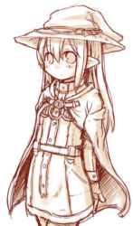 Rule 34 | 1girl, 7010, brown theme, cape, hat, lowres, monochrome, pointy ears, solo, witch hat