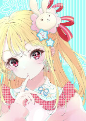 Rule 34 | 1girl, absurdres, adapted costume, blonde hair, blue background, blush, commentary request, dress, earrings, finger to mouth, frilled dress, frills, hair between eyes, hair ornament, hair ribbon, head tilt, highres, hoshino ruby, jewelry, lavie (cestbonlavie), long hair, looking at viewer, mismatched pupils, nail polish, one side up, oshi no ko, parted lips, pink dress, rabbit hair ornament, red eyes, red nails, red ribbon, ribbon, sidelocks, solo, star-shaped pupils, star (symbol), star hair ornament, striped, striped background, symbol-shaped pupils, upper body, white background