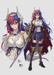 Rule 34 | 1girl, absurdres, adapted costume, alear (female) (fire emblem), alear (fire emblem), armor, blue eyes, blue hair, breasts, cape, crossed bangs, dragon girl, dragon horns, dragon tail, fire emblem, fire emblem engage, gloves, heterochromia, highres, horns, jewelry, long hair, looking at viewer, medium breasts, multicolored hair, nintendo, red eyes, red hair, smile, solo, split-color hair, tail, thigh strap, tiara, torn cape, torn clothes, two-tone hair, velahka, very long hair