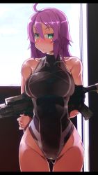 Rule 34 | 1girl, arms behind back, ass, bare shoulders, black one-piece swimsuit, blush, breasts, competition swimsuit, cowboy shot, gluteal fold, green eyes, gun, large breasts, letterboxed, long hair, looking at viewer, mk 18 carbine, one-piece swimsuit, original, purple hair, solo, standing, swimsuit, thigh gap, turtleneck, utako623, weapon
