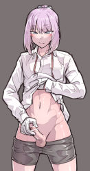 Rule 34 | 1boy, blue eyes, blush, censored, clothes lift, clothes pull, delll (artist), genderswap, genderswap (ftm), gloves, highres, kantai collection, lifting own clothes, long hair, male focus, masturbation, penis, pink hair, ribbon hair, shiranui (kancolle), shirt lift, shorts, shorts pull, solo, testicles, trap