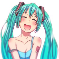Rule 34 | 1girl, :d, aqua hair, bare shoulders, blurry, blush, camisole, closed eyes, collarbone, hatsune miku, head tilt, long hair, off shoulder, open mouth, simple background, smile, solo, strap slip, tattoo, upper body, very long hair, vocaloid, white background, wokada