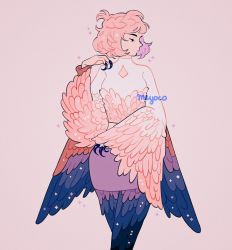 Rule 34 | 1girl, artist name, bad id, bad instagram id, bird girl, black eyes, braid, cowboy shot, feathers, fingernails, long fingernails, long sleeves, looking to the side, meyoco, original, pink background, pink hair, purple skirt, short hair, simple background, skirt, solo, sparkle, winged arms, wings