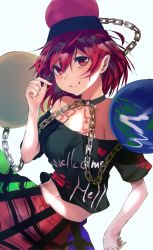 Rule 34 | 1girl, aqua background, asuzemu, bad anatomy, bare shoulders, belt, black shirt, breasts, chain, clothes writing, collar, cowboy shot, earth (ornament), gold chain, hair between eyes, hand up, heart, heart print, hecatia lapislazuli, looking at viewer, medium breasts, midriff, moon (ornament), multicolored clothes, multicolored skirt, navel, off-shoulder shirt, off shoulder, plaid, plaid skirt, pointy ears, red eyes, red hair, shirt, short hair, simple background, skirt, smile, solo, touhou, wind