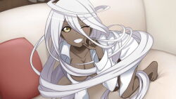 Rule 34 | 1girl, absurdly long hair, ahoge, artist request, blush, breasts, couch, dark-skinned female, dark skin, doppel (monster musume), game cg, hair censor, long hair, looking at viewer, medium breasts, monster musume no iru nichijou, monster musume no iru nichijou online, naked shirt, official art, on couch, one eye closed, prehensile hair, shirt, solo, very long hair, white shirt