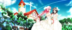 Rule 34 | 10s, 2girls, akashi (kancolle), bare shoulders, bell, black-framed eyewear, black hair, blue eyes, blue sky, bodice, bouquet, bridal veil, bride, building, church, cloud, contrail, couple, cross, day, dress, f-rhine, fence, flower, fxrhine, glasses, gown, green eyes, highres, ironwork, kantai collection, long hair, looking at viewer, matching outfits, multiple girls, off-shoulder dress, off shoulder, ooyodo (kancolle), open mouth, outdoors, pink hair, semi-rimless eyewear, sidelocks, sideways glance, sky, smile, tree, under-rim eyewear, veil, very long hair, wedding dress, white dress, wife and wife, wind, yuri
