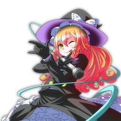 Rule 34 | 1girl, :p, black gloves, black hat, black jacket, black skirt, blonde hair, blush, bow, braid, buttons, closed mouth, commentary request, cookie (touhou), cowboy shot, gloves, hair between eyes, hair bow, hat, hat bow, highres, jacket, kirisame marisa, long hair, long sleeves, looking at viewer, m/, microphone, petticoat, purple bow, ramutaizumu, rei (cookie), shirt, side braid, simple background, single braid, skirt, smile, solo, tongue, tongue out, touhou, transparent background, white bow, white shirt, witch hat, yellow eyes