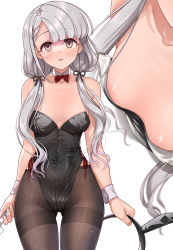 Rule 34 | 1girl, animal ears, areola slip, bare shoulders, black hairband, black leotard, black panties, blunt bangs, blush, bow, bowtie, breasts, brown eyes, collarbone, covered navel, cowboy shot, detached collar, fake animal ears, gluteal fold, grey hair, hairband, unworn hairband, highleg, highleg leotard, highres, hisakawa nagi, idolmaster, idolmaster cinderella girls, leotard, long hair, looking at viewer, low twintails, mk (mod0), multiple views, panties, pantyhose, parted lips, playboy bunny, rabbit ears, red bow, red bowtie, red ribbon, ribbon, side-tie leotard, simple background, small breasts, thighband pantyhose, traditional bowtie, twintails, underwear, very long hair, white background, wrist cuffs