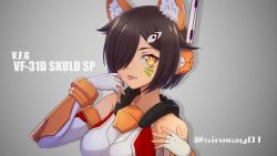 Rule 34 | 1girl, animal ear fluff, animal ears, breasts, cat ears, character name, elbow gloves, fang, fang out, fingerless gloves, gloves, grey background, highres, large breasts, macross, macross delta, one eye covered, orange eyes, personification, portrait, shinmai (kyata), smile, solo, tongue, tongue out, twitter username, variable fighter girls, vf-31d, white gloves