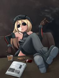 Rule 34 | 10s, 1girl, anchor symbol, armpits, ashtray, aviator sunglasses, bismarck (kancolle), black hat, blonde hair, boots, brown gloves, cigar, couch, cup, detached sleeves, glasses, gloves, grey footwear, grey thighhighs, hat, kakizaki (chou neji), kantai collection, long hair, military, military uniform, newspaper, peaked cap, smoke, smoking, solo, sunglasses, table, thighhighs, uniform