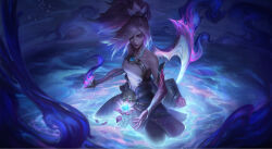 Rule 34 | 1girl, a guo, afloat, akali, alternate costume, asymmetrical hair, bare shoulders, breasts, closed eyes, closed mouth, eyelashes, eyeshadow, falling petals, floating hair, flower, glowing, glowing flower, glowing hair, glowing weapon, high ponytail, highres, holding, holding scythe, holding weapon, kama (weapon), league of legends, lotus, lotus leaf, makeup, medium breasts, ninja, petals, pink flower, pink hair, pink lips, ponytail, scythe, sickle, sidelocks, sitting, solo, spirit blossom (league of legends), water, weapon