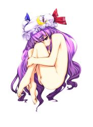 Rule 34 | 1girl, :&lt;, barefoot, cleft of venus, crescent, feet, female focus, fetal position, full body, hands on feet, hat, highres, hugging own legs, long hair, looking at viewer, metior, nude, patchouli knowledge, plantar flexion, purple eyes, purple hair, pussy, simple background, solo, touhou, uncensored, very long hair, white background