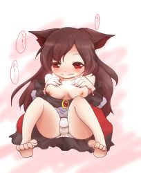 Rule 34 | 1girl, animal ears, bare shoulders, blush, breasts, breasts out, brooch, brown hair, collarbone, dress, fang, fingernails, hand on own chest, imaizumi kagerou, jewelry, kagura una, long hair, long sleeves, looking at viewer, nipples, panties, red eyes, smile, solo, speech bubble, tail, touhou, translation request, underwear, wide sleeves, wolf ears, wolf tail