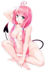 Rule 34 | 1girl, ahoge, alternate hairstyle, blush, breasts, convenient censoring, crossed legs, demon tail, green eyes, indian style, lala satalin deviluke, large breasts, legs, long hair, low twintails, nipples, nude, open mouth, parted lips, pink hair, sitting, tail, third-party edit, to love-ru, to love-ru darkness, transparent background, twintails, yabuki kentarou