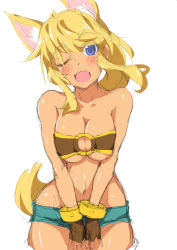 Rule 34 | 1girl, ;d, animal ears, bandeau, bare shoulders, belt bra, blonde hair, blush, bracer, breasts, breasts squeezed together, brown gloves, cleavage, cleavage cutout, clothing cutout, cutoffs, dark-skinned female, dark skin, denim, denim shorts, extra ears, fang, fangs, fingerless gloves, gloves, groin, head tilt, kuronyan, large breasts, liru, long hair, looking at viewer, lowleg, lowleg shorts, navel, o-ring, o-ring top, one eye closed, open mouth, ponytail, renkin san-kyuu magical pokaan, shiny skin, short shorts, shorts, sidelocks, simple background, sketch, smile, solo, standing, tail, underboob, v arms, white background, wide hips, wink, wolf ears, wolf tail