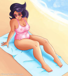 Rule 34 | 1girl, beach, blue eyes, blush, breasts, cleavage, covered erect nipples, creatures (company), game freak, glasses, highres, large breasts, long hair, looking at viewer, nail polish, nintendo, one-piece swimsuit, plump, pokemon, purple hair, rifen, sitting, solo, swimsuit, tagme, wicke (pokemon)