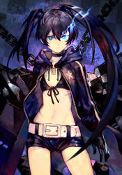 Rule 34 | 1girl, arm cannon, arms at sides, belt, belt buckle, bikini, bikini top only, black bikini, black choker, black gloves, black hair, black hoodie, black rock shooter, black rock shooter (character), black shorts, blue eyes, bright pupils, buckle, chain, checkered background, choker, closed mouth, contrapposto, cowboy shot, fire, flat chest, front-tie bikini top, front-tie top, gloves, glowing, glowing eye, groin, hair between eyes, hood, hood down, hoodie, hungry clicker, light frown, long hair, navel, print hoodie, scar, short shorts, shorts, sidelocks, solo, star (symbol), swimsuit, twintails, very long hair, weapon, white belt, white pupils