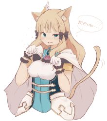 Rule 34 | 1girl, absurdres, animal ears, blonde hair, blue eyes, blunt bangs, breasts, capelet, cat ears, cat tail, cloak, elf, highres, keinesandayoooo, pointy ears, princess connect!, saren (princess connect!), simple background, solo, tail, white background