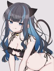 Rule 34 | 1girl, animal ears, black hair, blue hair, breasts, cat cutout, cat ears, cat lingerie, cleavage, clothing cutout, colored inner hair, fate/grand order, fate (series), grey eyes, highres, long hair, looking at viewer, mati5572, meme attire, multicolored hair, navel, smile, solo, tenochtitlan (fate), tongue, tongue out, two-tone hair, wavy hair, white background