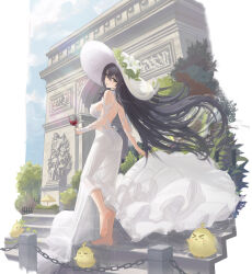 Rule 34 | &gt; &lt;, 1girl, absurdres, alternate costume, arc de triomphe, azur lane, bare shoulders, barefoot, black hair, blue sky, breasts, chain, commentary request, cup, day, detached sleeves, dress, drinking glass, floating hair, flower, from side, green eyes, hair between eyes, hair flower, hair ornament, hat, highres, holding, holding cup, indomitable (azur lane), large breasts, long dress, long hair, manjuu (azur lane), outdoors, paris, red wine, see-through silhouette, sky, solo, standing, standing on one leg, sun hat, tree, very long hair, white dress, white flower, white hat, wind, wine glass, yue zheng zhi yu