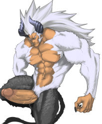 Rule 34 | 1boy, abs, bara, erection, horns, large penis, male focus, muscular, rabbit (pixiv744412), silver hair, solo, tagme