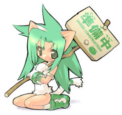 Rule 34 | 1girl, animal ears, blade (galaxist), cat ears, green hair, holding, holding sign, lowres, sign, solo, under construction