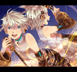 Rule 34 | 1boy, 1girl, arm warmers, bad id, bad pixiv id, blonde hair, blue eyes, brother and sister, detached sleeves, hair ribbon, headphones, kagamine len, kagamine len (append), kagamine rin, kagamine rin (append), letterboxed, microphone, microphone stand, ribbon, short hair, siblings, smile, t0mare, tomare (akashingou), twins, vocaloid, vocaloid append