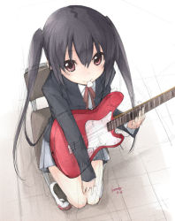 Rule 34 | 00s, 1girl, black hair, female focus, from above, full body, guitar, instrument, k-on!, kokonoka, looking up, mouth hold, mustang (guitar), nakano azusa, neck ribbon, plectrum, red ribbon, ribbon, school uniform, sitting, solo, twintails