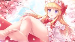 Rule 34 | 1girl, backlighting, bare legs, blonde hair, blush, bow, bowtie, cherry blossoms, cloud, cloudy sky, commentary request, dress, dutch angle, floating hair, hat, highres, lily white, long hair, lzh, open mouth, petals, purple eyes, red bow, sidelocks, sitting, sky, solo, touhou, tree, white dress