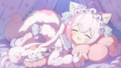 Rule 34 | + +, 1girl, ahoge, animal, animal ear fluff, animal ears, bed sheet, blush, blush stickers, bow, cat ears, cat girl, cat tail, closed eyes, commission, curtains, detached sleeves, dress, drill hair, earrings, fang, frills, headdress, heart-shaped lock, highres, jewelry, long sleeves, lying, multicolored hair, on stomach, open mouth, original, pink hair, sidelocks, skeb commission, smile, tail, tyomimas, white hair, white headdress