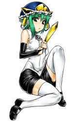 Rule 34 | 1girl, alternate costume, bridal gauntlets, female focus, green eyes, green hair, hat, mary janes, matching hair/eyes, namidame, rod of remorse, shiki eiki, shoes, shorts, solo, thighhighs, touhou, white thighhighs