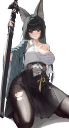 1girl absurdres angdo_(kakajo26) animal_ear_fluff animal_ears black_gloves black_hair black_pantyhose black_skirt blunt_bangs breasts chest_sarashi cleavage cowboy_shot dress_shirt fingerless_gloves fingernails fox_ears fox_girl gloves green_jacket high-waist_skirt highres holding holding_sword holding_weapon hoshimi_miyabi jacket katana long_hair pantyhose parted_lips red_eyes sarashi shirt sidelocks simple_background skirt solo sword torn_clothes torn_pantyhose unbuttoned weapon white_background white_shirt zenless_zone_zero