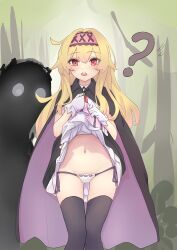 Rule 34 | 1girl, 1other, ?, absurdres, black dress, blonde hair, blush, cloak, clothes lift, dress, dress lift, feet out of frame, gloves, groin, hair between eyes, hairband, highres, lifting own clothes, little witch nobeta, long hair, looking at viewer, navel, no headwear, nobeta, open mouth, panties, red eyes, side-tie panties, silhouette, sleeveless, sleeveless dress, standing, teeth, thighhighs, underwear, upper teeth only, white gloves, white panties, ww1w1