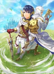 Rule 34 | alfonse (fire emblem), armor, blue hair, cape, castle, commentary request, faceless, faceless male, feather trim, fire emblem, fire emblem cipher, folkvangr, gloves, grass, gun, holding, holding gun, holding weapon, hooded robe, kiran (fire emblem), kiran (male) (fire emblem), leather, leather gloves, matsurika youko, multicolored hair, nintendo, outdoors, robe, scale armor, streaked hair, weapon