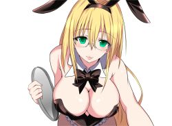 Rule 34 | 1girl, animal ears, bare arms, bare shoulders, blonde hair, blush, bow, bowtie, breasts, rabbit ears, playboy bunny, cleavage, closed mouth, facing viewer, fake animal ears, game cg, glasses, green eyes, hair between eyes, holding, large breasts, leaning forward, long hair, looking at viewer, nuko majin, simple background, smile, solo, tearju lunatique, to love-ru, to love-ru darkness, tray, upper body