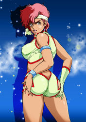 Rule 34 | 1980s (style), 1girl, ass, bare legs, breasts, brown eyes, butt crack, cameltoe, covered erect nipples, cowboy shot, crop top, dirty pair, earrings, female focus, from behind, gradient background, groin, headband, highres, jewelry, kei (dirty pair), kugayama hodai, large breasts, legs, legs apart, looking at viewer, looking back, medium hair, oldschool, open mouth, red hair, retro artstyle, shadow, short shorts, shorts, sideboob, simple background, smile, solo, standing, thighs