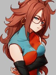 Rule 34 | 1girl, android 21, blue eyes, breasts, checkered clothes, checkered dress, detached sleeves, dragon ball, dragon ball fighterz, dress, earrings, glasses, grey background, hair between eyes, hoop earrings, jewelry, kemachiku, long hair, looking at viewer, medium breasts, red hair, simple background, solo