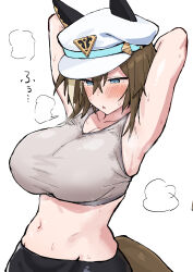 Rule 34 | 1girl, alternate costume, animal ears, armpits, arms up, black shorts, blue eyes, blush, breasts, brown hair, cheval grand (umamusume), commentary request, cowboy shot, ear covers, ear ornament, grey sports bra, hair between eyes, hat, highres, horse ears, horse girl, horse tail, large breasts, midriff, multicolored hair, navel, open mouth, peaked cap, shimiya (aokuchi), shorts, simple background, solo, sports bra, streaked hair, sweat, tail, umamusume, white background, white hair, white hat