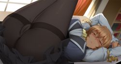 Rule 34 | 10s, 1girl, arm ribbon, ass, blue skirt, blue vest, blush, bookshelf, brown hair, curtains, ginhaha, goblin slayer!, guild girl (goblin slayer!), indoors, legs up, long hair, long sleeves, looking at viewer, lying, on back, open mouth, pantyhose, pleated skirt, presenting, pussy, ribbon, shirt, skirt, solo, table, thighband pantyhose, upskirt, vest, white shirt, window, yellow neckwear