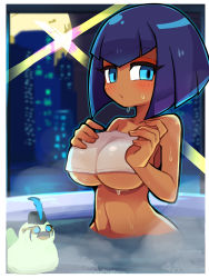 Rule 34 | 1girl, bath, bathing, black hair, blue eyes, blush, bob cut, breasts, cityscape, covering privates, covering breasts, dark-skinned female, dark skin, eliza (skullgirls), hands up, highres, horace (skullgirls), imeni-art, large breasts, looking at viewer, navel, parted lips, partially submerged, rubber duck, short hair, skullgirls, solo, steam, towel, wet