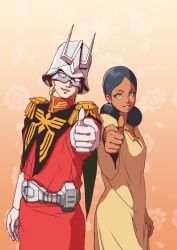 Rule 34 | 1boy, 1girl, belt, black hair, blonde hair, blue eyes, char aznable, cowboy shot, dark skin, dress, gloves, gradient background, grin, gundam, highres, lalah sune, long hair, looking at viewer, military, military uniform, mobile suit gundam, outstretched arm, parted bangs, parted lips, smile, standing, teikoku jokyoku, uniform, white background, white gloves, yellow dress