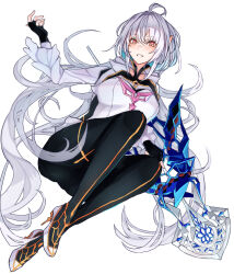 Rule 34 | 1girl, ahoge, black gloves, black pants, commentary request, fate/grand order, fate (series), fingerless gloves, gloves, high heels, holding, knees up, lady avalon (fate), long hair, long sleeves, looking at viewer, low twintails, merlin (fate/prototype), orange eyes, pants, parted bangs, shirt, simple background, smile, solo, twintails, very long hair, white background, white footwear, white hair, white shirt, yellow trim, zundakun0123